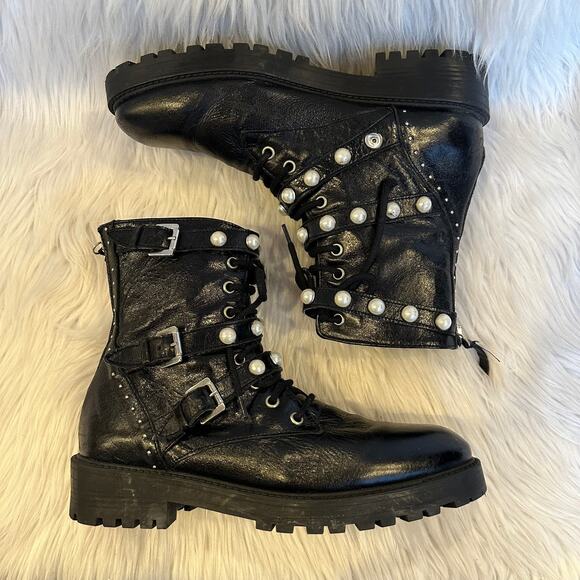 ZARA Genuine Leather Ankle Combat Boots Faux Pearl Lace-Up Flat Boots, Black - Picture 11 of 16